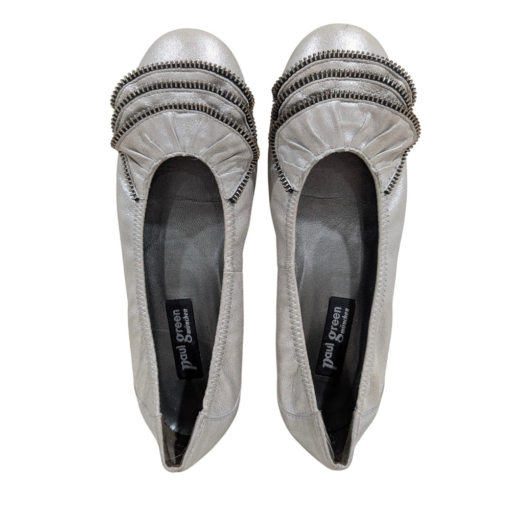 Paul Green Metallic Silver Leather Zipper Ruffle Ballet Flats UK 4.5 US 7